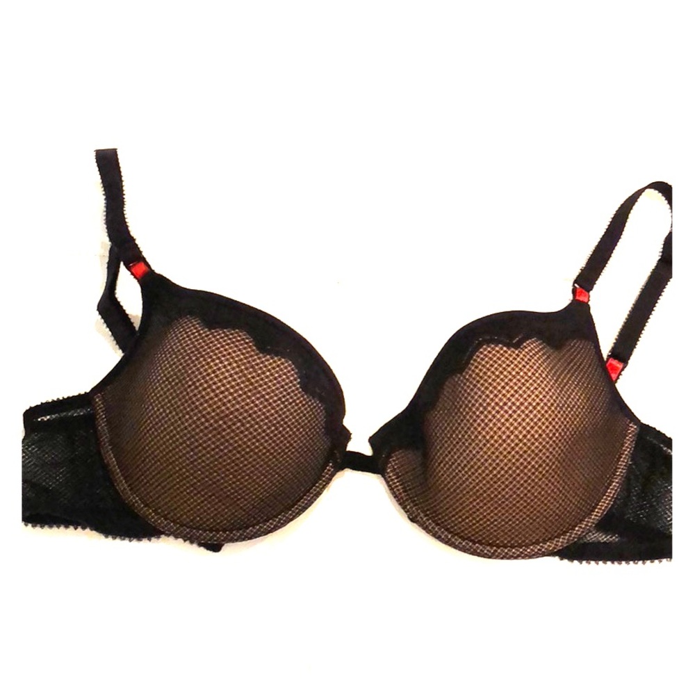 Black lace with red accents padded bra 36D